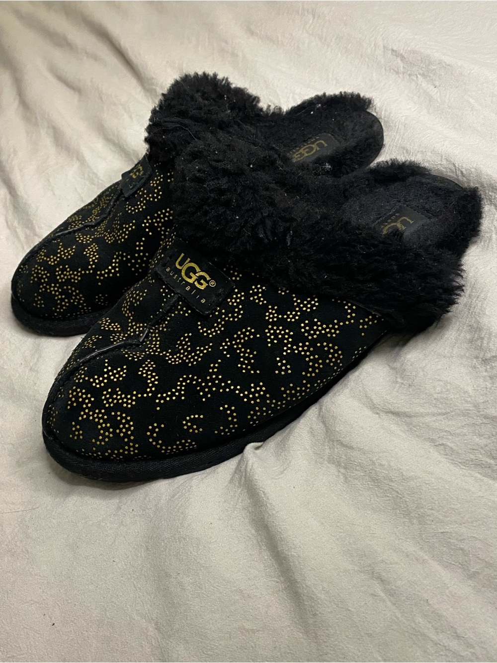 Used UGG Black Suede Slip-On Slippers with Gold Stud Patte women size 8